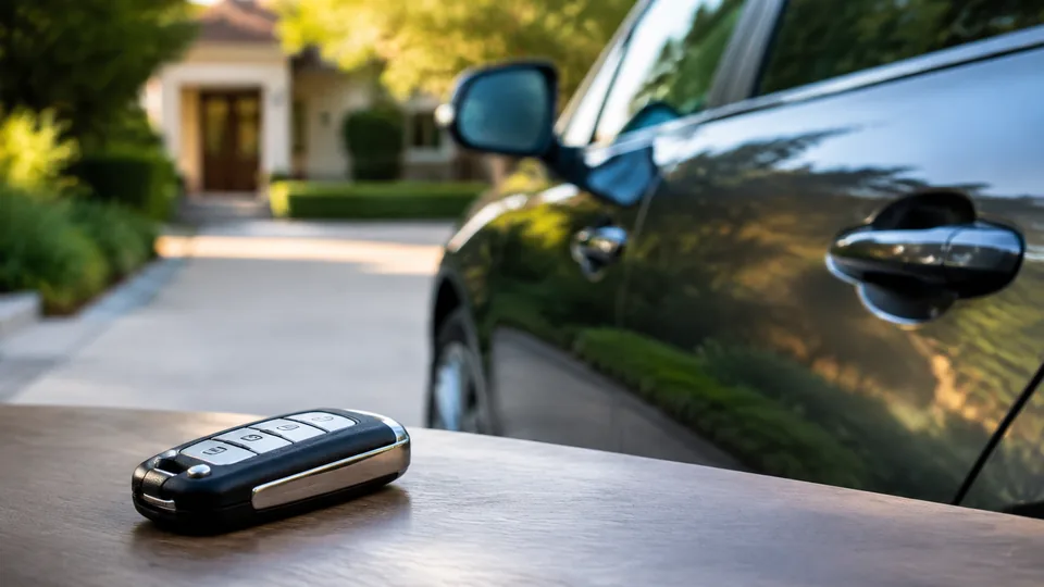 Editorial image of a car key fob beside a vehicle door for Atherton car locksmith planning