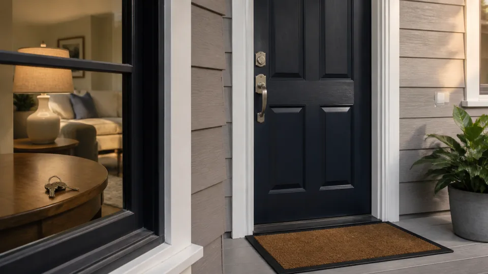 Editorial image of a closed front door with keys visible inside for home lockout guidance